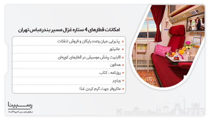 لیست امکانات قطار 4 ستاره غزال فعال در مسیر بندرعباس تهران 