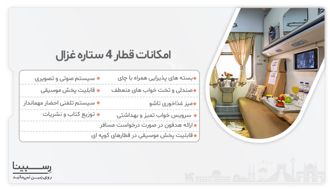 لیست امکانات قطار 4 ستاره غزال فعال در مسیر بندرعباس مشهد